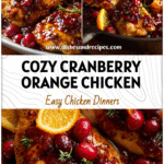 Golden chicken skillet topped with cranberries and orange slices for a savory cranberry orange dinner.